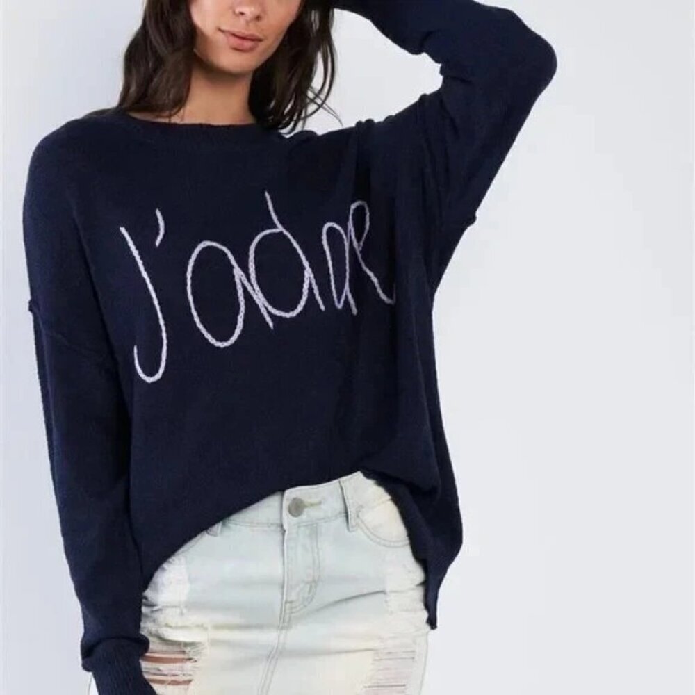 GILLI J'adore Women's Script Embroidered Crew Neck Sweater Navy Purple
